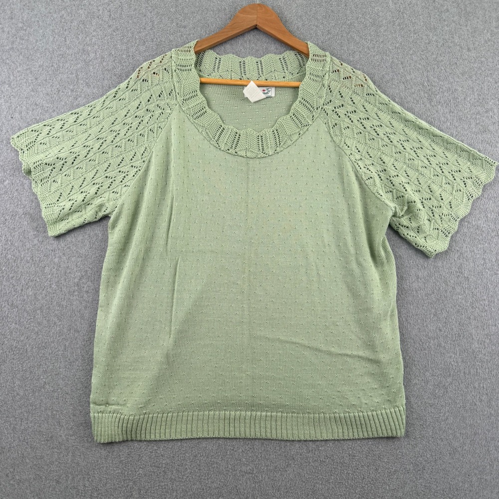 VTG 80s Haband Sweater Womens XL Green Short Sleeve Pointelle Knit Pullover USA